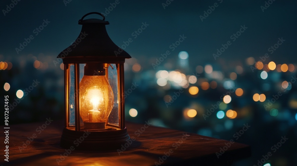 Illuminated Lantern Against a Night Cityscape Illuminated Lantern Against a Night Cityscape