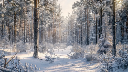 Snow blankets the mountains and trees in a winter landscape, with a cold, white sky and icy frost adding to the tranquil atmosphere.