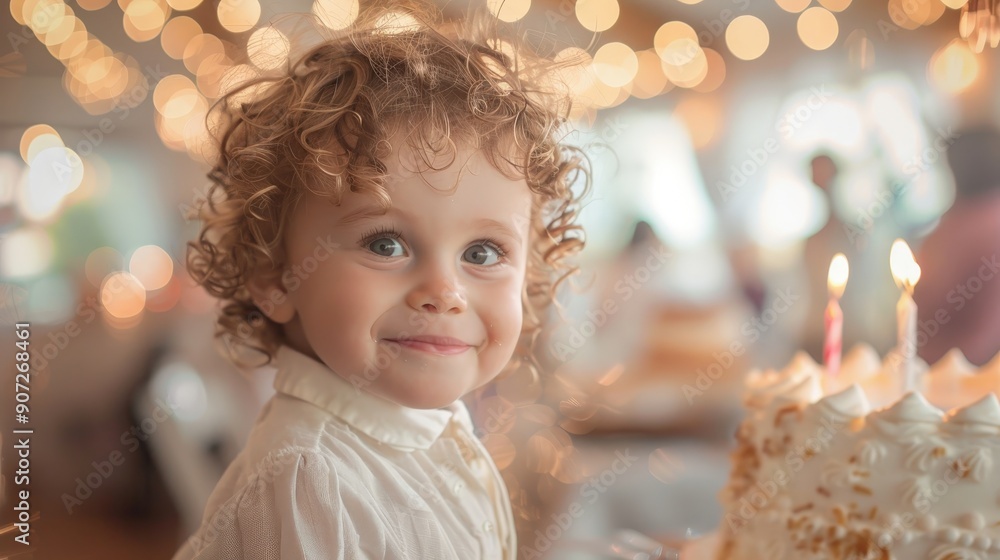 Joyful Child Celebrating Birthday Surrounded by Twinkling Lights and Colorful Cake. Generative AI Joyful Child Celebrating Birthday Surrounded by Twinkling Lights and Colorful Cake. Generative AI