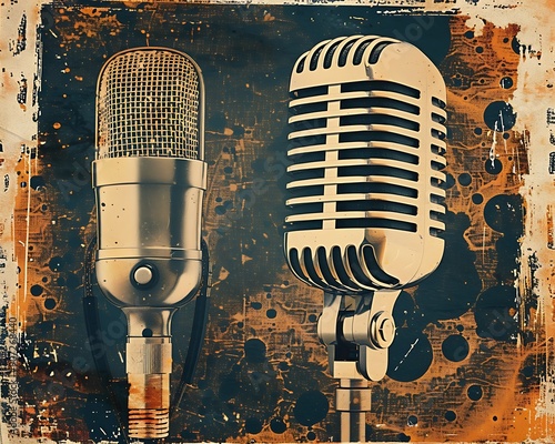 Grunge-Textured Retro Festival Poster Featuring Vintage Microphones..