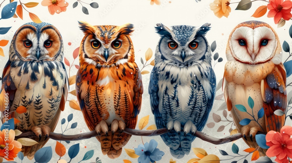 A whimsical seamless pattern of owls in different colors and poses, interlaced with floral patterns on a soft pastel background. A whimsical seamless pattern of owls in different colors and poses, interlaced with floral patterns on a soft pastel background.