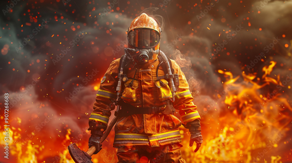 Firefighter Hero Wearing fireproof equipment and carrying a firecracker in his hand with fire in the background Firefighter Hero Wearing fireproof equipment and carrying a firecracker in his hand with fire in the background