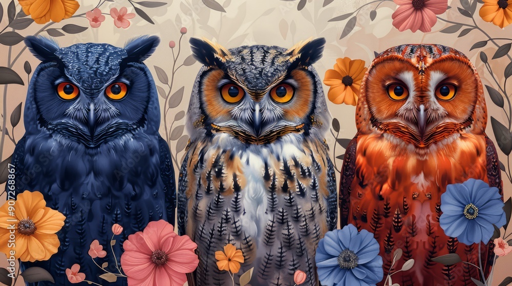 Detailed illustrations of owls in various poses and hues, seamlessly combined with floral patterns on a pastel background. Detailed illustrations of owls in various poses and hues, seamlessly combined with floral patterns on a pastel background.