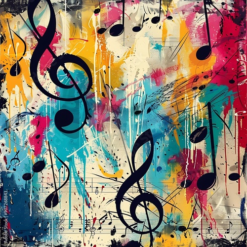 Colorful Abstract Art with Musical Notes on a Grunge Background for a Modern Album Cover..