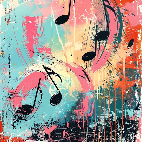 Grunge Background with Colorful Abstract Art and Musical Notes for a Modern Album Cover..