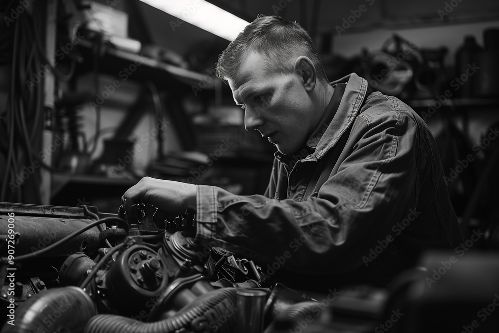 Close up of mechanic working on car engine in auto repair shop Close up of mechanic working on car engine in auto repair shop