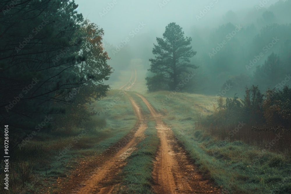 A misty forest with a dirt road winding through it, perfect for use as a background or to add atmosphere to your scene A misty forest with a dirt road winding through it, perfect for use as a background or to add atmosphere to your scene