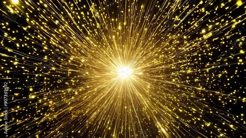 Extreme close-up: Radiant golden light bursts from central point in black void. Shimmering particles streak outward, creating dazzling starburst effect. Warm, brilliant glow illuminates darkness.