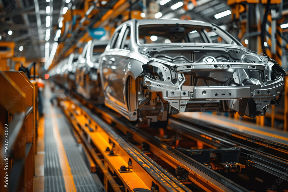 Factory assembly lines that produce modern cars in high volumes Factory assembly lines that produce modern cars in high volumes