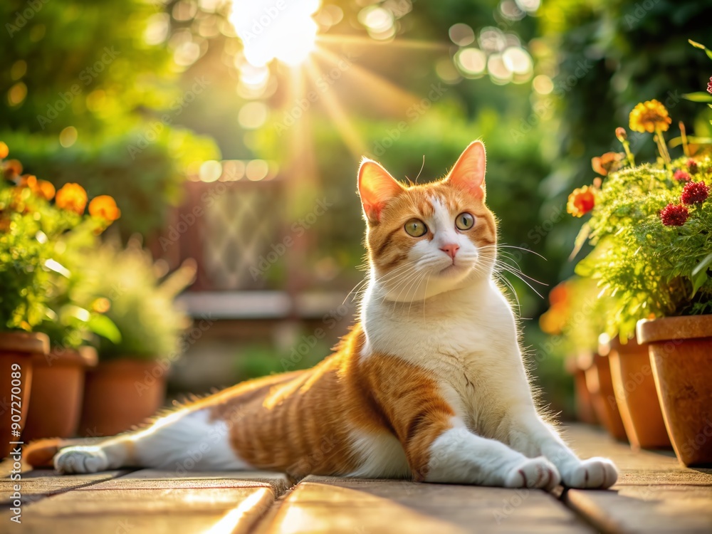 A serene orange and white feline stretches out on a sun-kissed patio, its inquisitive eyes and slightly parted lips exuding calm curiosity amidst lush garden surroundings. A serene orange and white feline stretches out on a sun-kissed patio, its inquisitive eyes and slightly parted lips exuding calm curiosity amidst lush garden surroundings.