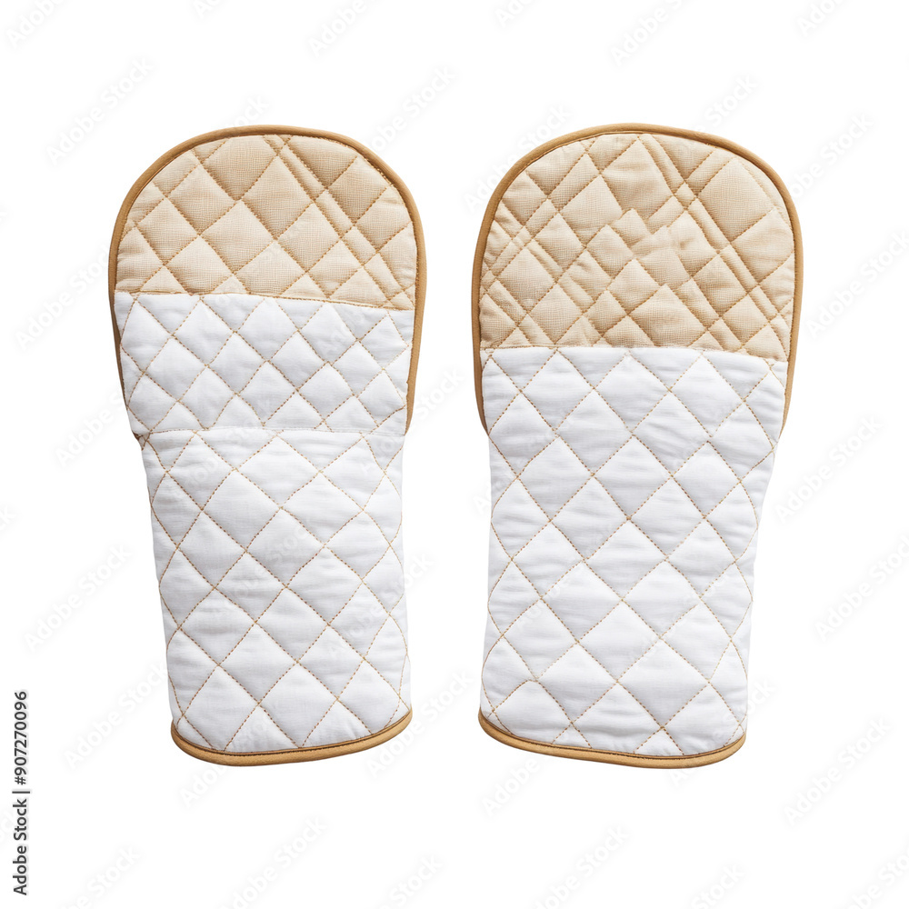 Two oven mitts with a white and tan quilted design Two oven mitts with a white and tan quilted design