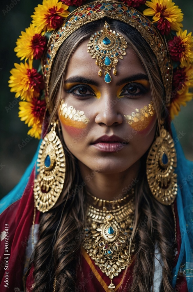 Portrait of a woman wearing traditional jewelry and a floral crown, showcasing cultural beauty and vibrant decorations.
Portrait of a woman wearing traditional jewelry and a floral crown, showcasing cultural beauty and vibrant decorations.