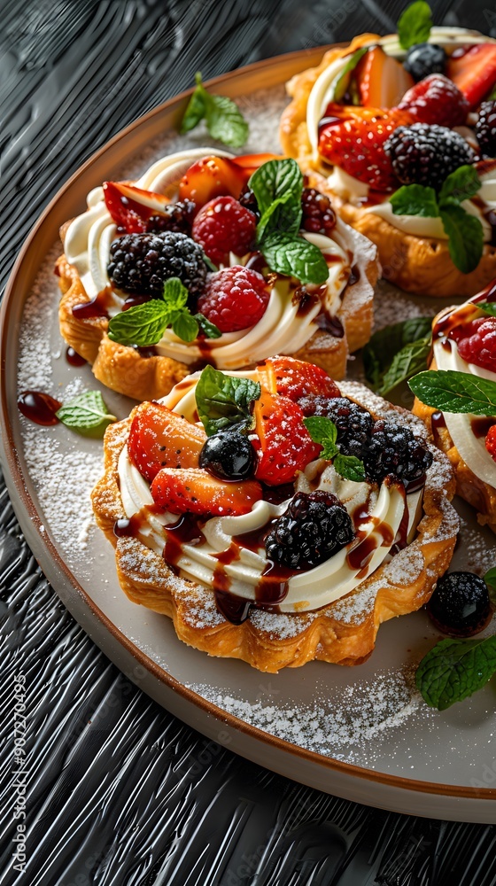 Delicious fruit tarts topped with cream and fresh berries on a dark textured plate. Delicious fruit tarts topped with cream and fresh berries on a dark textured plate.