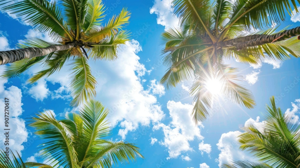 Fototapeta premium Coconut fronds extending towards the sky