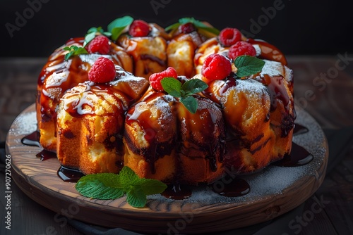 Delicious bundt cake garnished with raspberries and mint leaves, drizzled in caramel. photo