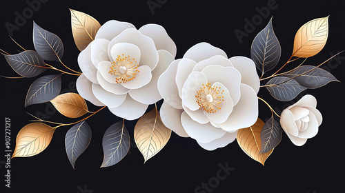 Elegant white flowers with golden leaves on black background