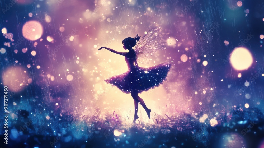 Fototapeta premium Enchanting Fairy Dancing in the Rain with Magical Sparkles - Digital Fantasy Illustration