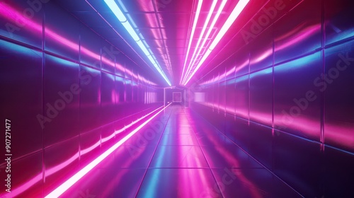 Bright beams of royal blue and hot pink light travel through a warp tunnel, showcasing a vivid journey into a digital future.