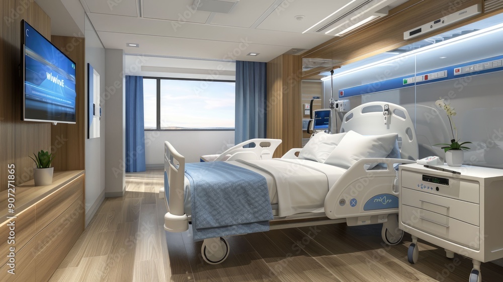 Modern Hospital Room with a Bed, TV, and Side Table
