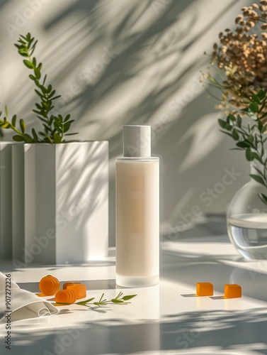 The white cream bottle on a white tabletop highlights a simple, elegant look, ideal for highlighting premium skincare products in a pristine setting.