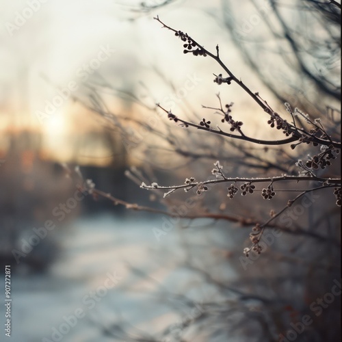 A serene winter landscape with snow-covered trees, a frozen river, and a crisp, cold sky. Nature's beauty in a peaceful, frosty scene.