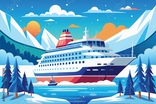 Cruise Ship Docked in a Snowy Mountain Landscape