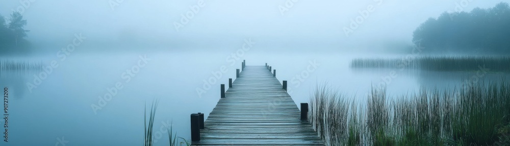 Obraz premium A serene wooden dock extending into a misty lake, surrounded by calm water and soft greenery, creating a peaceful atmosphere.