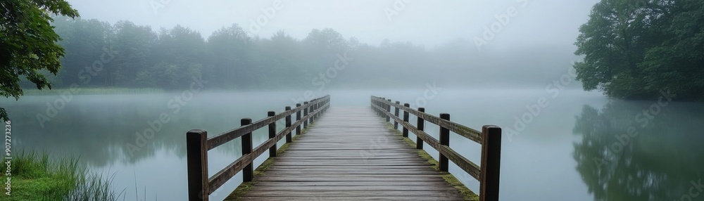 Obraz premium A serene wooden pier extends into a misty lake, surrounded by lush greenery, evoking tranquility and peaceful reflection.