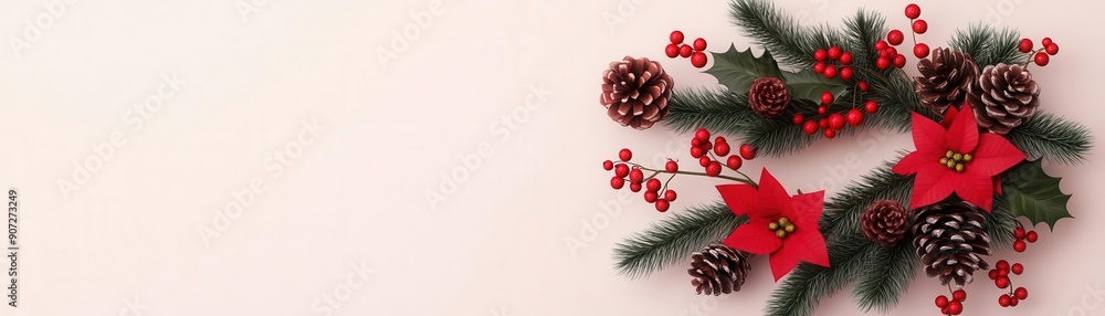 Festive floral wreath with red berries and pine cones, arrangement, holiday door decor Festive floral wreath with red berries and pine cones, arrangement, holiday door decor