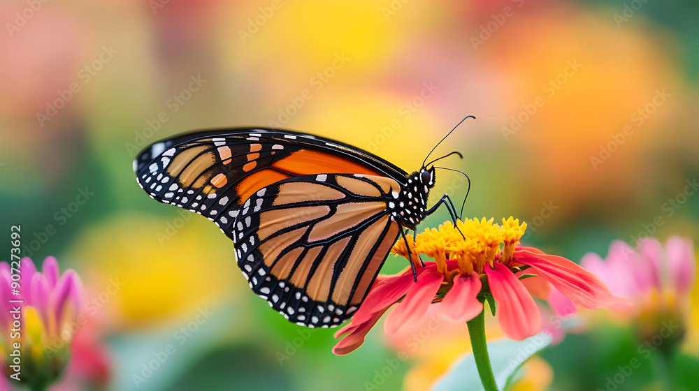 Fototapeta premium A butterfly resting on a colorful flower in a garden 
