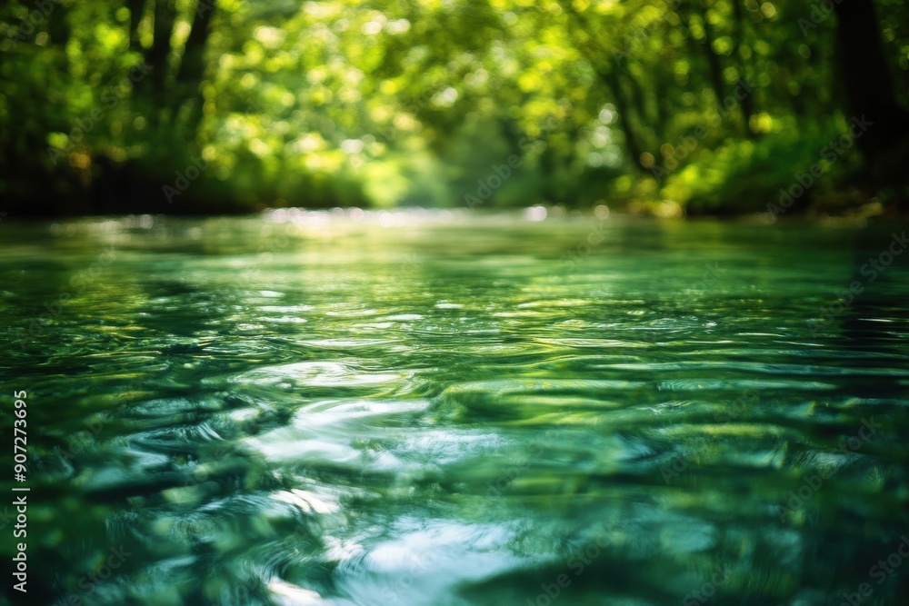 Fototapeta premium A tranquil river scene surrounded by lush greenery, highlighting the serene beauty of nature's reflections and vibrant colors.