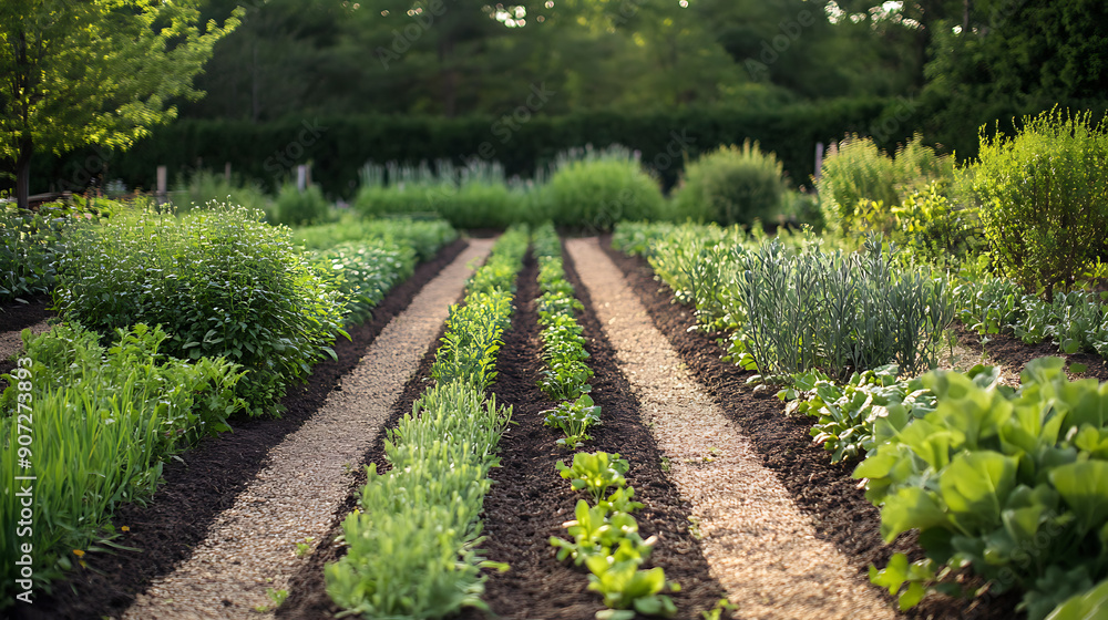 A vegetable garden with neatly arranged rows of plants and herbs A vegetable garden with neatly arranged rows of plants and herbs
