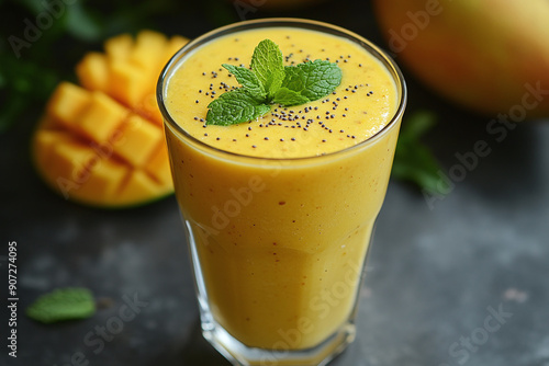 Photograph of a Fresh Mango Lassi in a Tall Glass: With a sprig of mint.