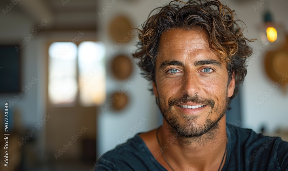 Obraz premium A handsome Caucasian man is smiling at the camera while taking a selfie indoors at home.