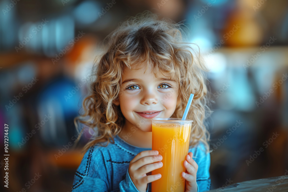 Photograph of a Kid Drinking Fresh Orange Juice with a Straw: Smiling happily. Photograph of a Kid Drinking Fresh Orange Juice with a Straw: Smiling happily.