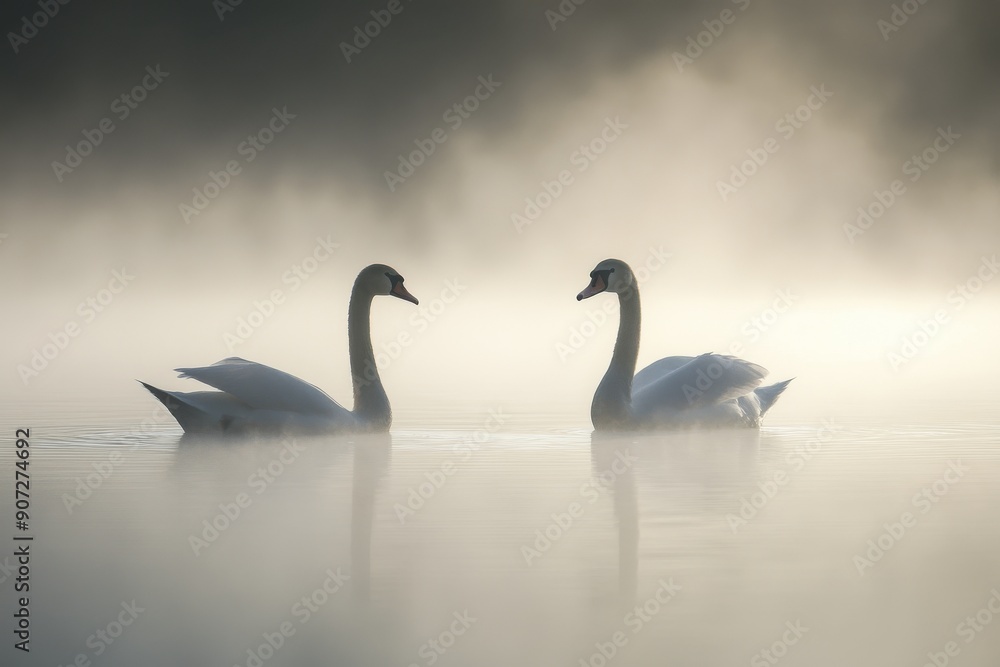 Two swans gracefully gliding on a misty lake, creating a serene and peaceful atmosphere in the early morning light. Two swans gracefully gliding on a misty lake, creating a serene and peaceful atmosphere in the early morning light.