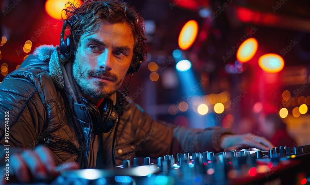 A handsome DJ is mixing music with a console at a disco nightclub. A handsome DJ is mixing music with a console at a disco nightclub.