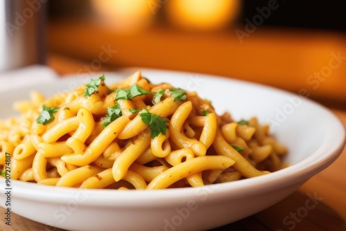 Stir-fried macaroni over a blurry background