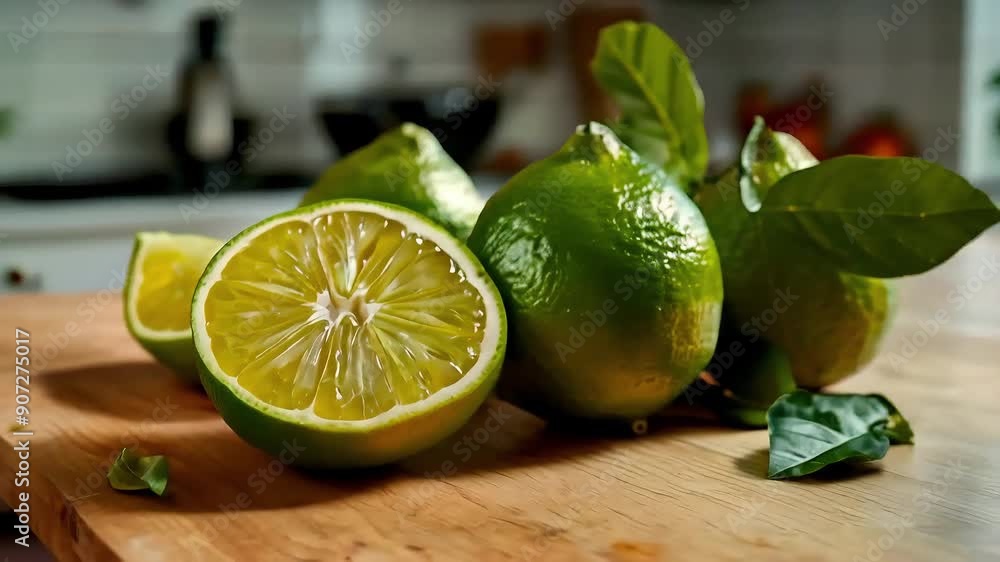 Fresh Green Lime and Slices on Wooden Table Fresh Green Lime and Slices on Wooden Table