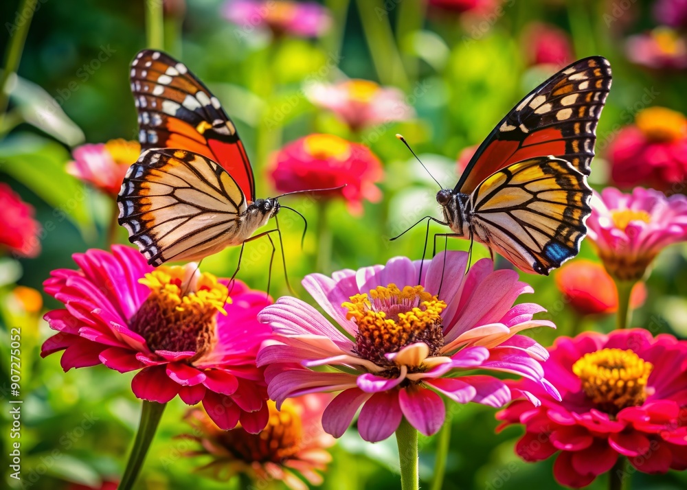 Fototapeta premium Vibrant butterflies with delicate wings and slender bodies rest on bright pink Zinia Elegans flowers, surrounded by lush green foliage in a sun-kissed garden.