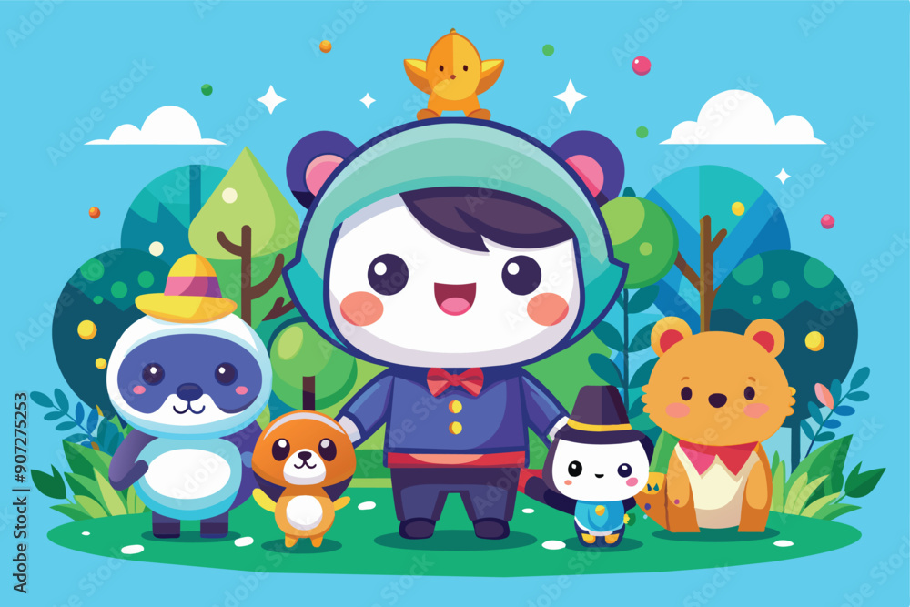 Naklejka premium Cartoon Characters in a Forest Setting