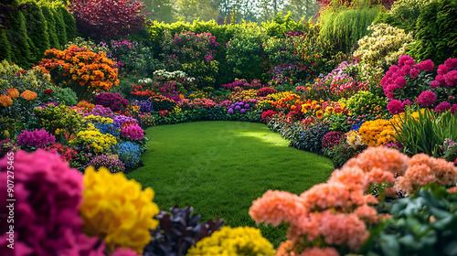 Fototapeta Naklejka Na Ścianę i Meble -  A vibrant flower garden with an array of colorful blossoms in full bloom, surrounded by lush greenery 