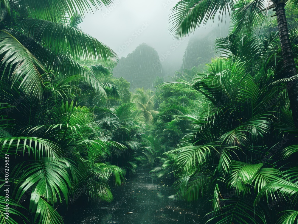 Lush Tropical Jungle with Dense Green Foliage and Misty Mountains in the Background, Creating a Serene Nature Scene Lush Tropical Jungle with Dense Green Foliage and Misty Mountains in the Background, Creating a Serene Nature Scene