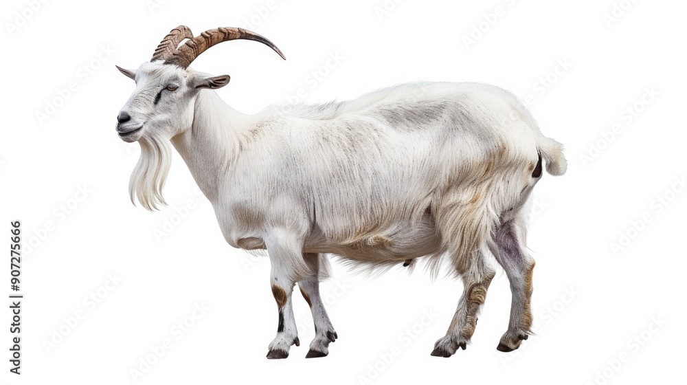 A white goat with long horns stands out against a clean white background A white goat with long horns stands out against a clean white background