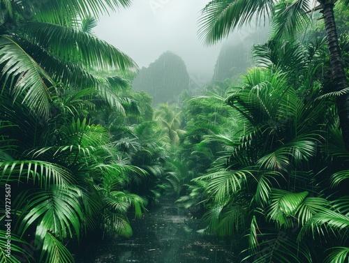 Lush Tropical Jungle with Dense Green Foliage and Misty Mountains in the Background, Creating a Serene Nature Scene © Ross