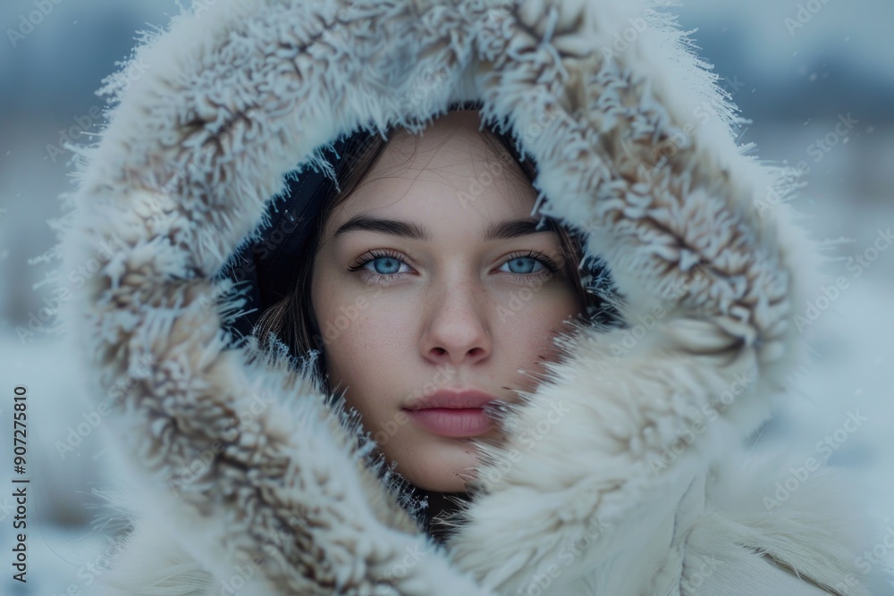 A woman wearing a luxurious fur coat looks directly at the camera, conveying confidence and sophistication A woman wearing a luxurious fur coat looks directly at the camera, conveying confidence and sophistication