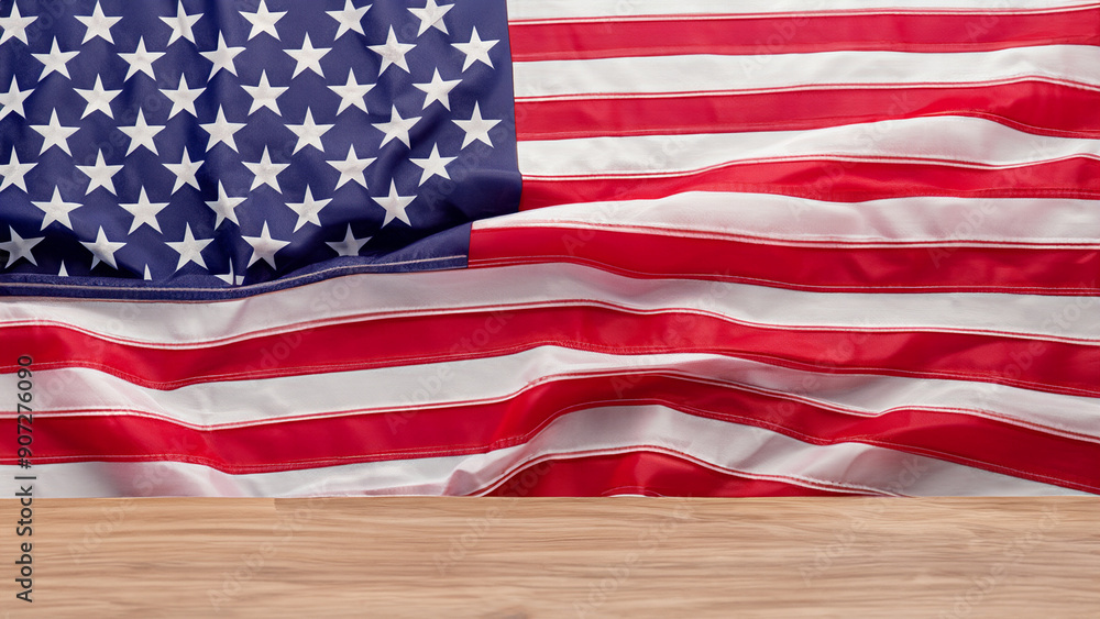 Obraz premium american flag curtain with a wooden table on labor day