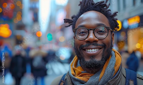 A handsome, happy man is smiling at the camera while taking a selfie in New York City.