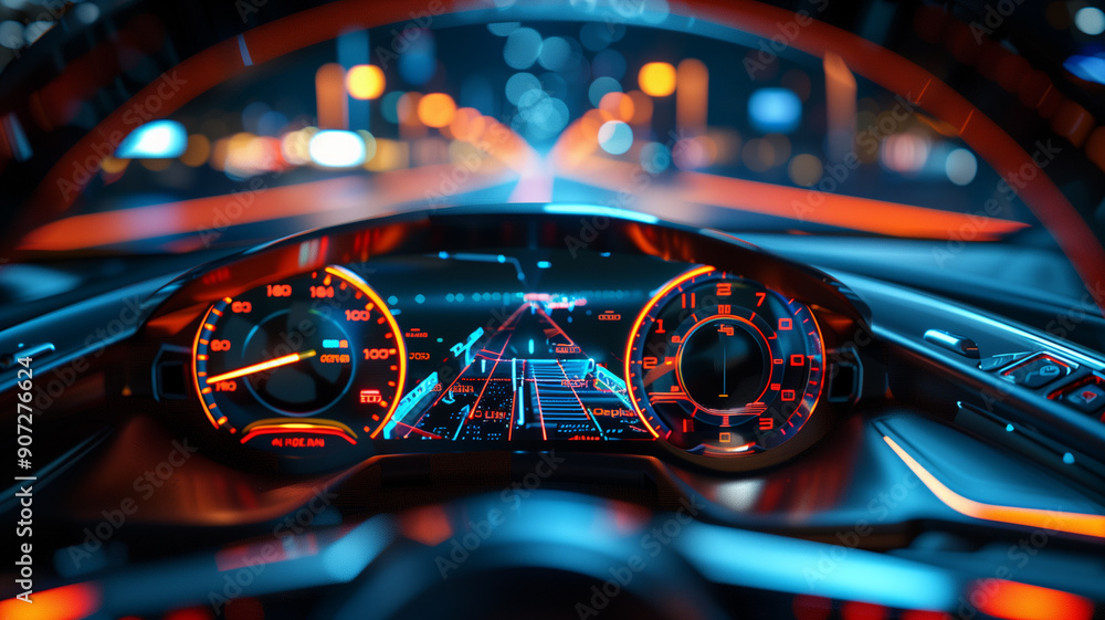 Interior view of electric car speedometer dashboard with holographic digital wireframe Interior view of electric car speedometer dashboard with holographic digital wireframe