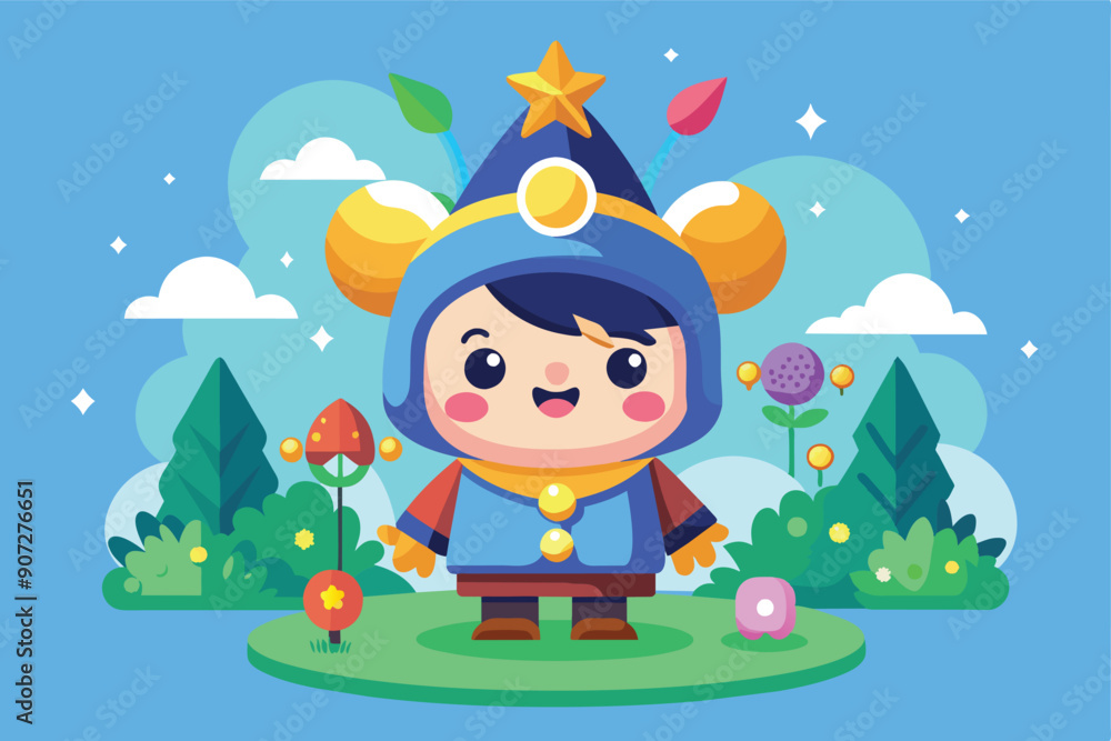 Cartoon Character in a Blue and Yellow Outfit Standing in a Green Forest Cartoon Character in a Blue and Yellow Outfit Standing in a Green Forest